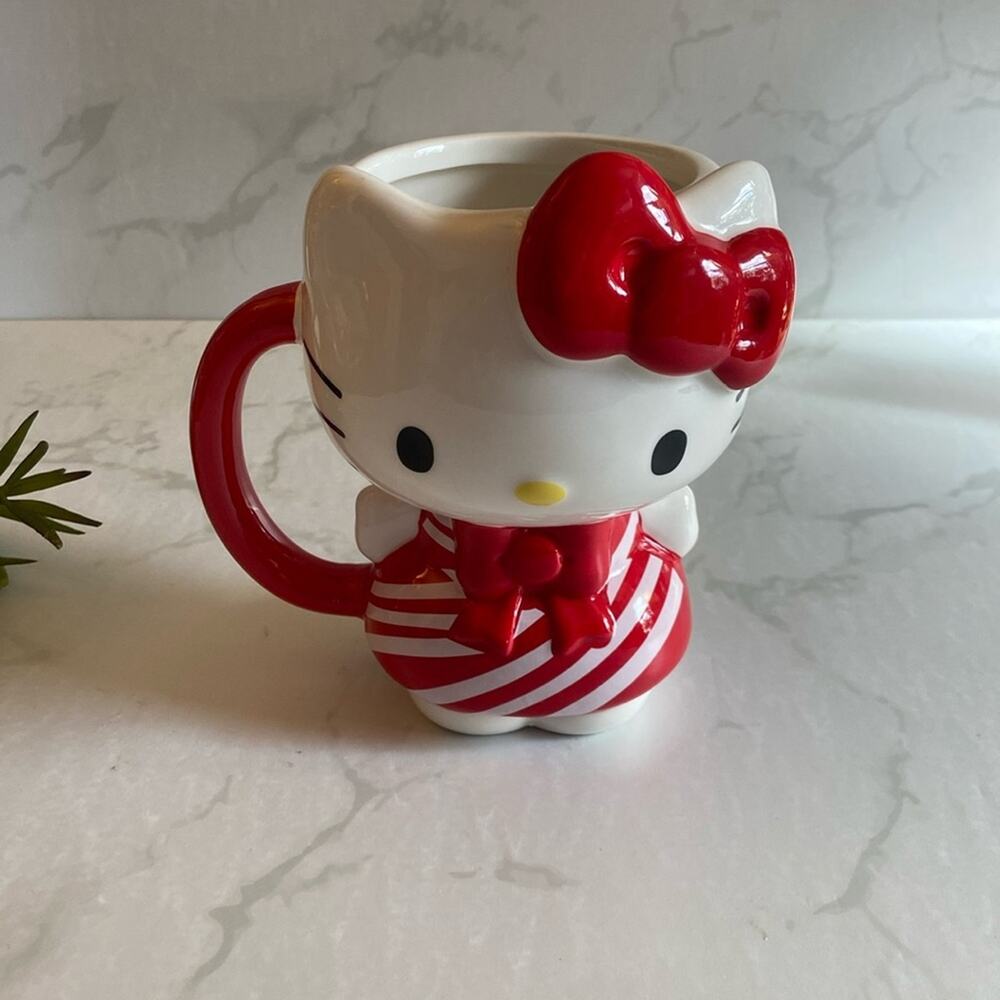 New Hello Kitty Christmas Red & White Coffee Mug Candy Cane Dress Bow Sanrio